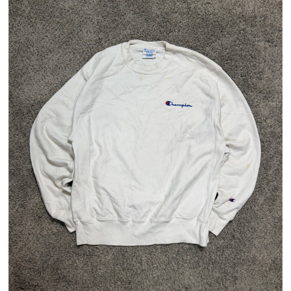 Champion Reverse Weave Sweatshirt Mens Medium White Script Logo Pullover Heavy